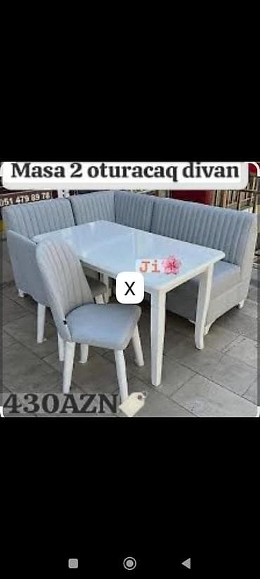 kohnə stul: Mətbəx/miştaqa üçün künc dəsti Tərkibi: - Ağ rəngdə düzbucaqlı masa - — 1