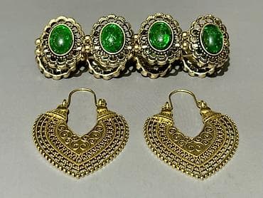 Qızılı rəngdə etnik üslublu sırğa və brelok dəsti - Tərkib: metal