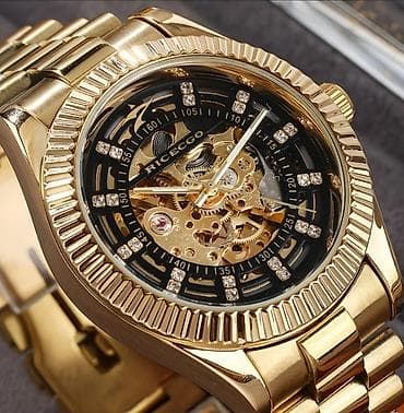 şahmat saatı: RICECCO mexaniki qol saatı – skelet dizaynlı, qızılı rəngdə lüks — 2