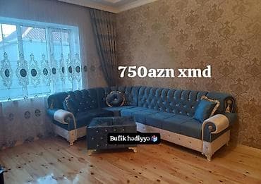 iqlavoy divan: Künc divan dəsti - Klassik üslubda, mavi rəngli yumşaq parça və krem — 1