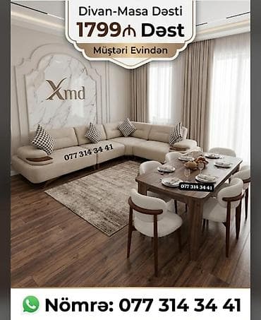 Divan–Masa Dəsti • Komplekt: künc divan + 6 stullu yemək masası •