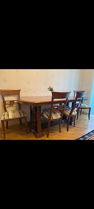 Mebel: Qonaq otağı üçün, İşlənmiş, Dördbucaq masa, 6 stul — 1