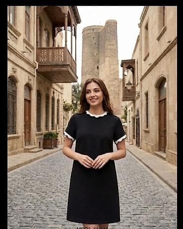 Qara rəngdə zərif qısa don - Klassik A-kəsim siluet - Qısa qollar -