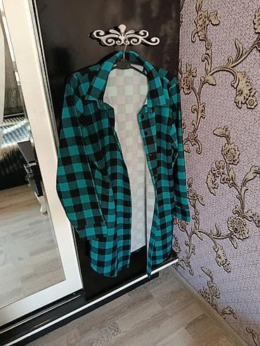kətan köynək: Unisex flanel köynək – yaşıl-mavi və qara dama (çek) naxışlı. - — 3