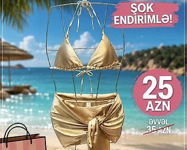 stringer alt geyimi: Qızılı rəngdə qadın bikini dəsti - Üst hissə: üçbucaq kəsimli, iplə — 1