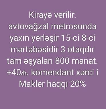 emircanda ev satisi: Kirayə mənzil – Avtovağzal metrosuna yaxın - 3 otaqlı mənzil - 15 — 5