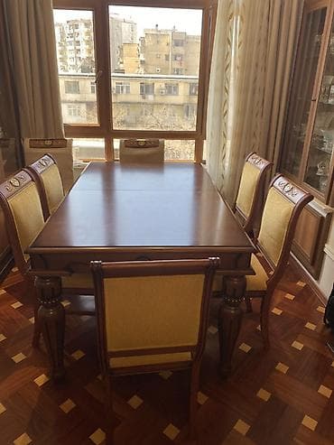 Qonaq otağı üçün, İşlənmiş, Açılan, Dördbucaq masa, 8 stul