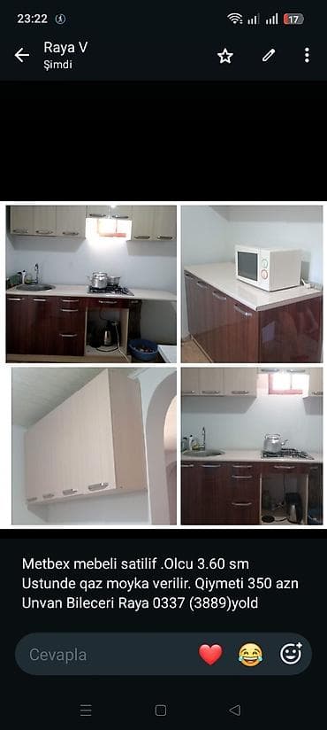 Metbex mebeli satilif .Olcu 3.60 sm Ustunde qaz moyka verilir