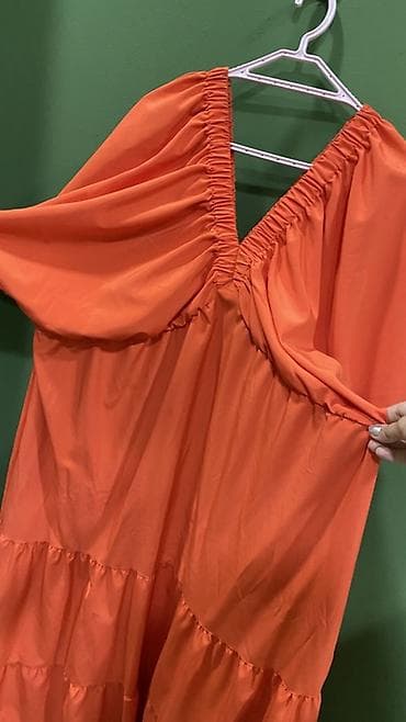Qadın geyimləri: Narıncı rəngdə qadın maxi paltar (xl,2xl) - Model: V-oyun yaxa — 2