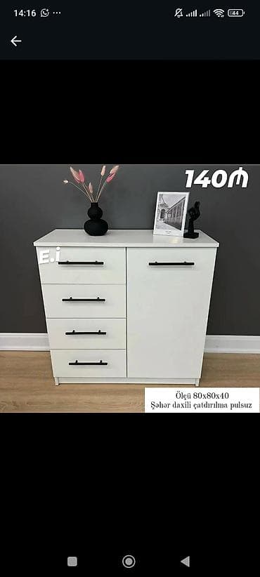 divar kitab refleri: Ağ rəngli minimalist komod - Ölçü: 80×80×40 sm - Dizayn: mat ağ — 1
