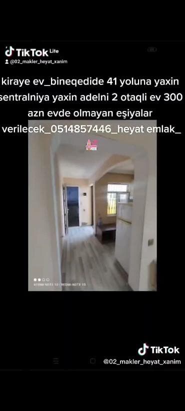 nerimanovda 300 azn kiraye ev: 80 kv. m, 2 otaqlı, Kombi, Qaz, İşıq — 10