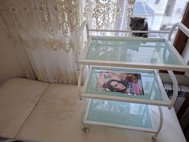 Офисная мебель: 3 mərtəbəli şüşəli etajerka - Karkas: möhkəm metal, ağ rəng - Rəflər — 3