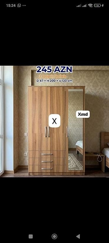 Ev üçün mebel: 3 qapılı geyim dolabı - Qiymət: 245 AZN (şəkildə göstərilib) - — 1