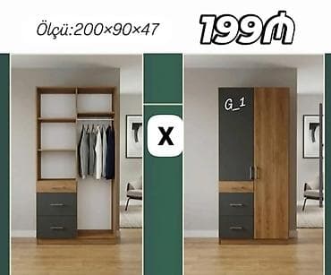 dola: 200x90x47 ölçülü qarderob dolabı. Model iki hissədən ibarət funksional — 1