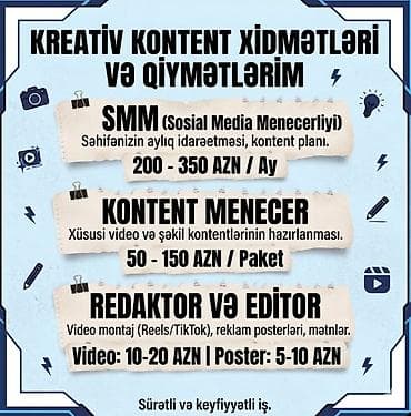 perma qiymeti: Kreativ Kontent Xidmətləri SMM (Sosial Media Menecerliyi) - Səhifənin — 1