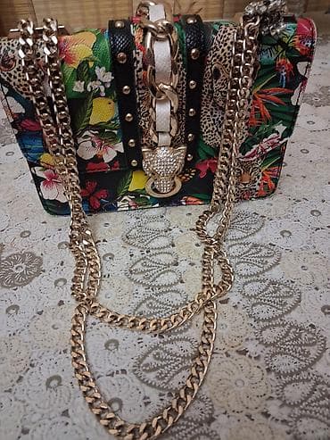 Rəngarəng naxışlı qadın çantası – tropik flora və leopard motivləri