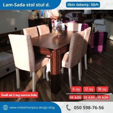 qonaq otagi ucun masalar: Qonaq otağı üçün, Yeni, Açılan, Dördbucaq masa, 6 stul — 1