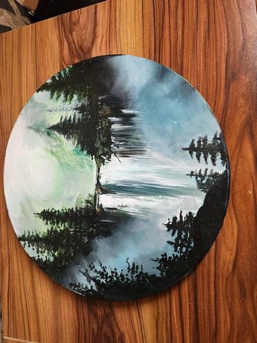 suya aid şəkillər: Dairəvi kətan üzərində əl işi peyzaj tablo - Texnika: akril boya - — 3