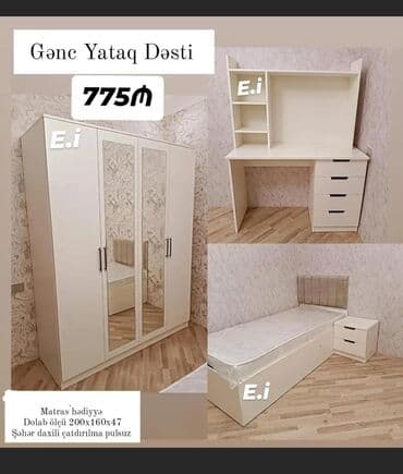 Ağ rəngli yataq dəsti, dörd qapılı dolab, yazı masası, çarpayı və tək