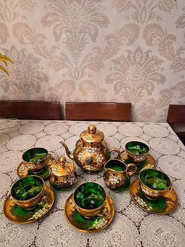 Çay dəsti, rəng - Yaşıl, Şüşə, 6 nəfərlik