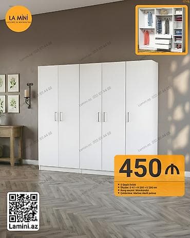Ağ rəngli, minimal dizaynlı 5 qapılı dolab - Daxili plan: asılqan