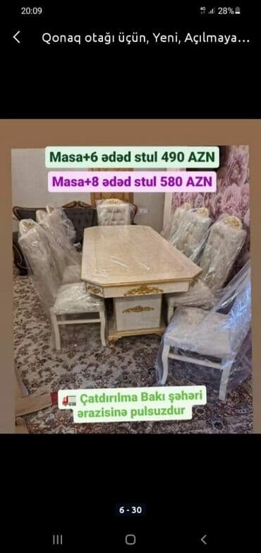 divan destleri: Qonaq otağı üçün, Yeni, Açılan, Dördbucaq masa, 6 stul — 5