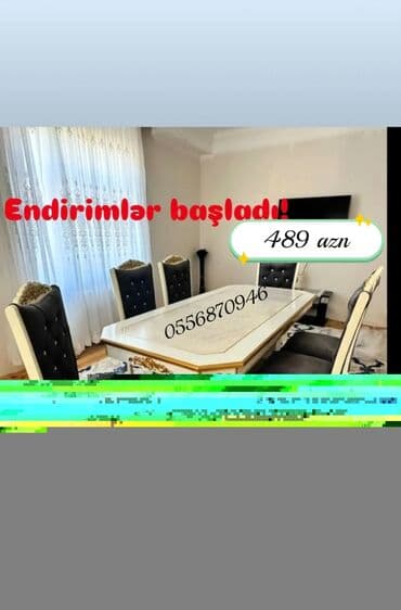 metbex stollari ve stullari: Qonaq otağı üçün, Yeni, Açılmayan, Dördbucaq masa, 6 stul — 16