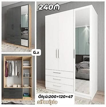 kombi şkaf: 3 qapılı, Güzgülü, Ağ, Açılan, Düz dolab — 1