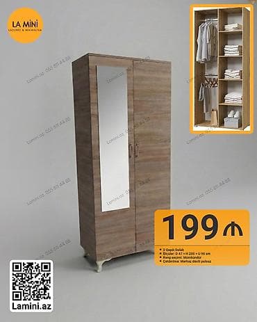 2 qapılı, Güzgülü, Digər rəng, Taxta, Açılan, Düz dolab — 1