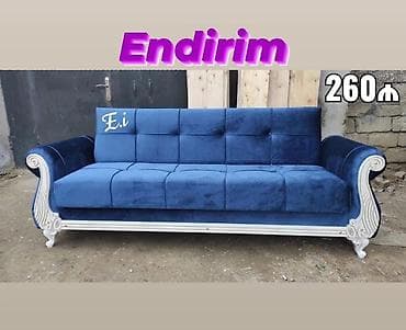 Mavi məxməri üç nəfərlik divan - Klassik-neo dizayn: ağ naxışlı