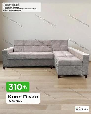 Künc divan – 240×150 sm - Mexanizm: açılan, bazalı (yataq funksiyalı — 1