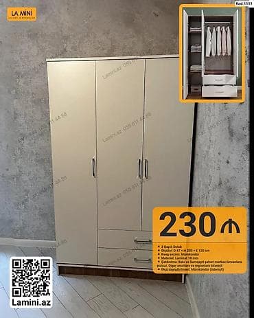 skafi: 3 qapılı dolab - Ölçülər: D 47 × H 200 × E 120 sm - Material: 18 mm — 1