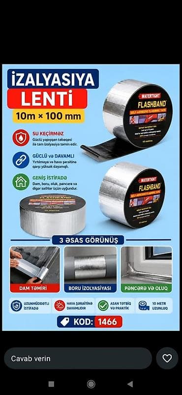 su ceni: İzolyasiya lenti – Watertight Flashband, 10 m × 100 mm Özəlliklər: - — 1