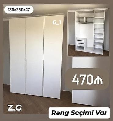 qapi sekilleri: Üç qapılı geyim dolabı – model G_1 Ölçü: 130×280×47 sm Qiymət: 470₼ — 1