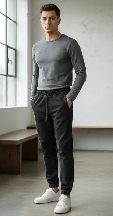 Qara rəngli denim jogger şalvar - Material: qalın, yuyulmuş denim