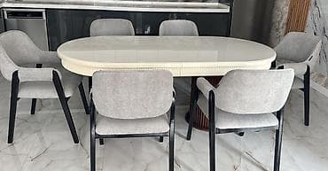 stulla: Oval formalı yemək masası və 6 ədəd stul dəsti - Masa: parlaq krem — 2