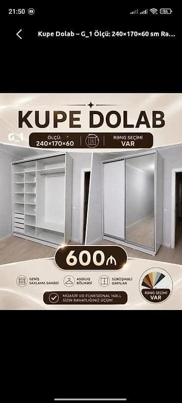 Kupe Dolab – Model G_1 Ölçü: 240×170×60 sm Qiymət: 600 ₼ Rəng lalafo.az -da Kupe Dolab – Model G_1 Ölçü: 240×170×60 sm Qiymət: 600 ₼ Rəng