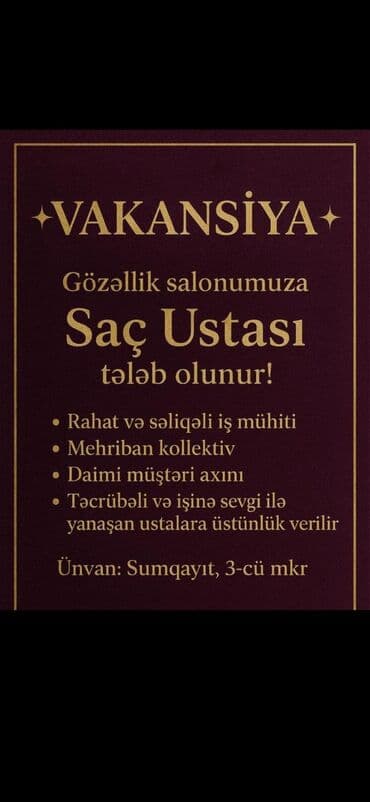 личный водитель в баку: Vakansiya: Gözəllik salonuna Saç Ustası Təsvir: - Rahat və səliqəli — 1
