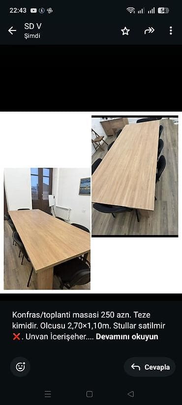 Konfras/toplanti masasi 250 azn. Teze kimidir. Olcusu 2,70×1,10m