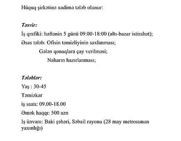 Xadimə tələb olunur, 30-45 yaş, 1-2 illik təcrübə, 5/2