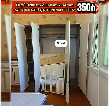 samdanlar ve saat: - Dolab: 4 qapılı geyim dolabı - Ölçü: H200 sm x E160 sm x D47 sm - — 1