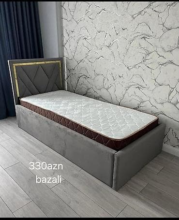 Çarpayılar: Bazalı tək nəfərlik çarpayı - Rəng: boz (başlıqda qızılı dekor xətti) — 1