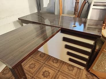 sade mebeller: Ofis mebel dəsti - Ofis masası: L‑şəkilli iş masası, tünd qəhvəyi — 8