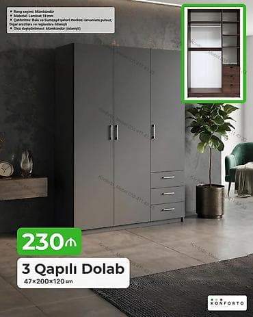 3 qapılı geyim dolabı - Ölçü: 47×200×120 sm - Material: 18 mm laminat — 1