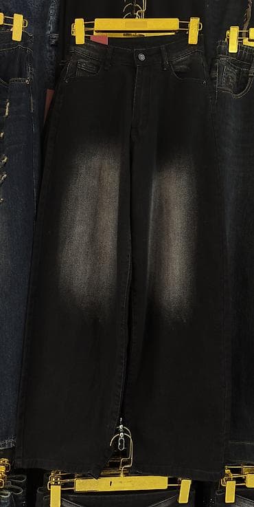 Qara rəngli geniş kəsimli cins şalvar - Model: Palazzo/culotte tipli — 1