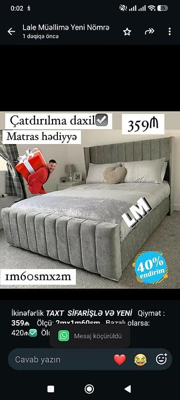 İkinəfərlik _*TAXT*_ _*SİFARİŞLƏ VƏ YENİ*_ Qiymət : *359₼* Ölçü — 1