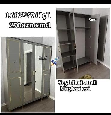2 li kravat: Yeni, 4 qapılı, Güzgülü, Boz, Taxta, Açılan, Düz dolab — 1