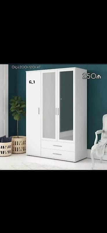 Ağ rəngli 3 qapılı geyim dolabı - Ölçü: 200 × 120 × 47 sm (şəkildə