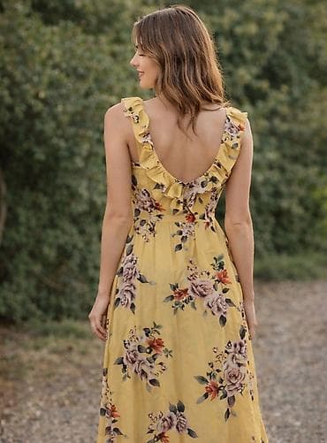 deri donlar: Sarı rəngli, çiçək naxışlı yay donu. - Model: uzun, A-kəsim siluet - — 3