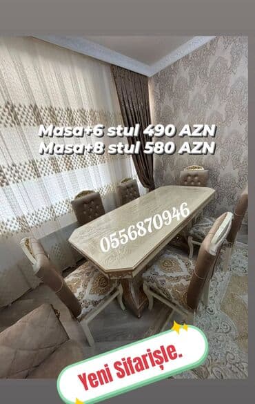 metbex mebileri: Qonaq otağı üçün, Yeni, Açılmayan, Dördbucaq masa, 6 stul — 10